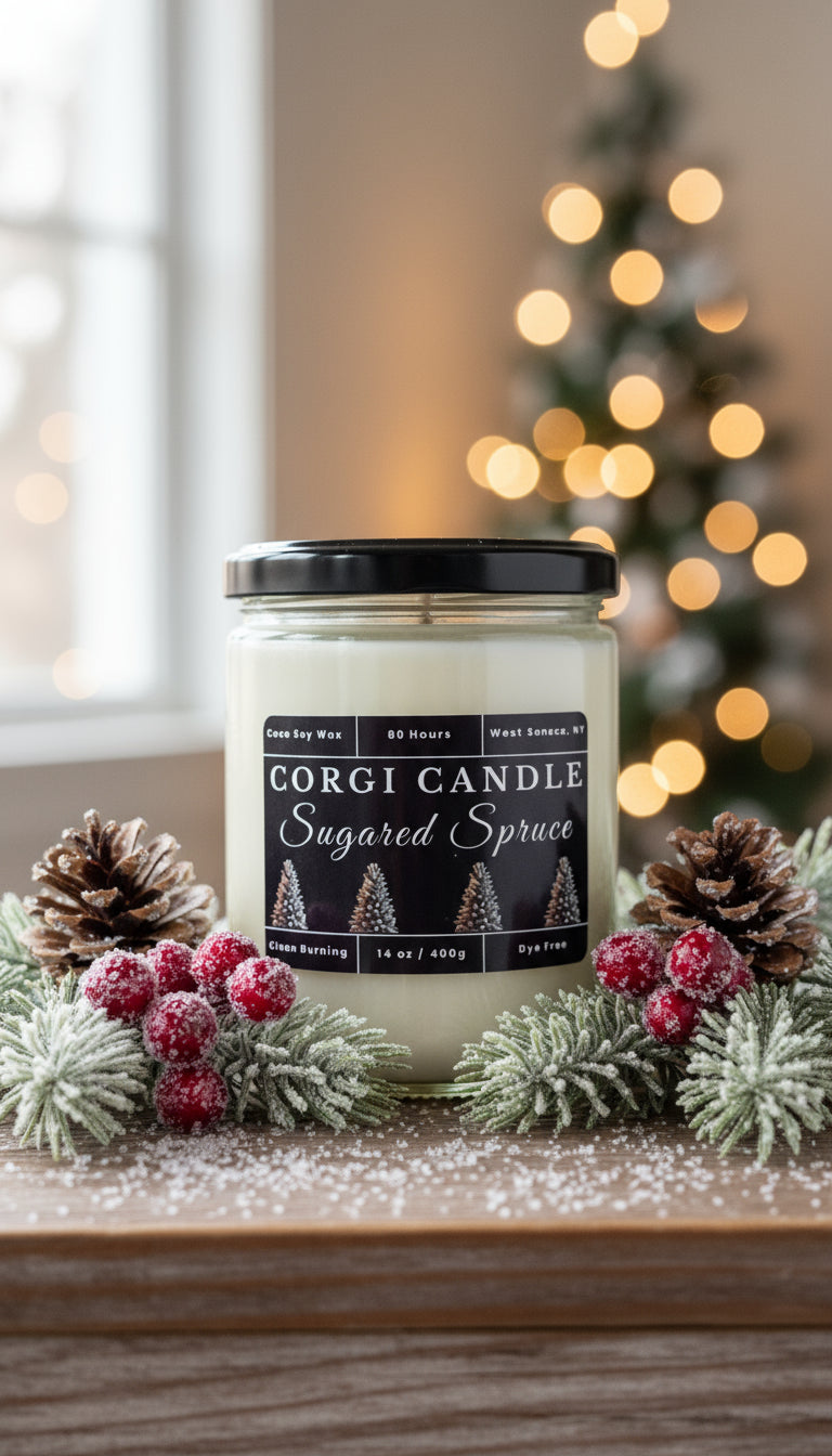 Candle jar labeled 'Sugared Spruce' by Gorgi Candle on a white background