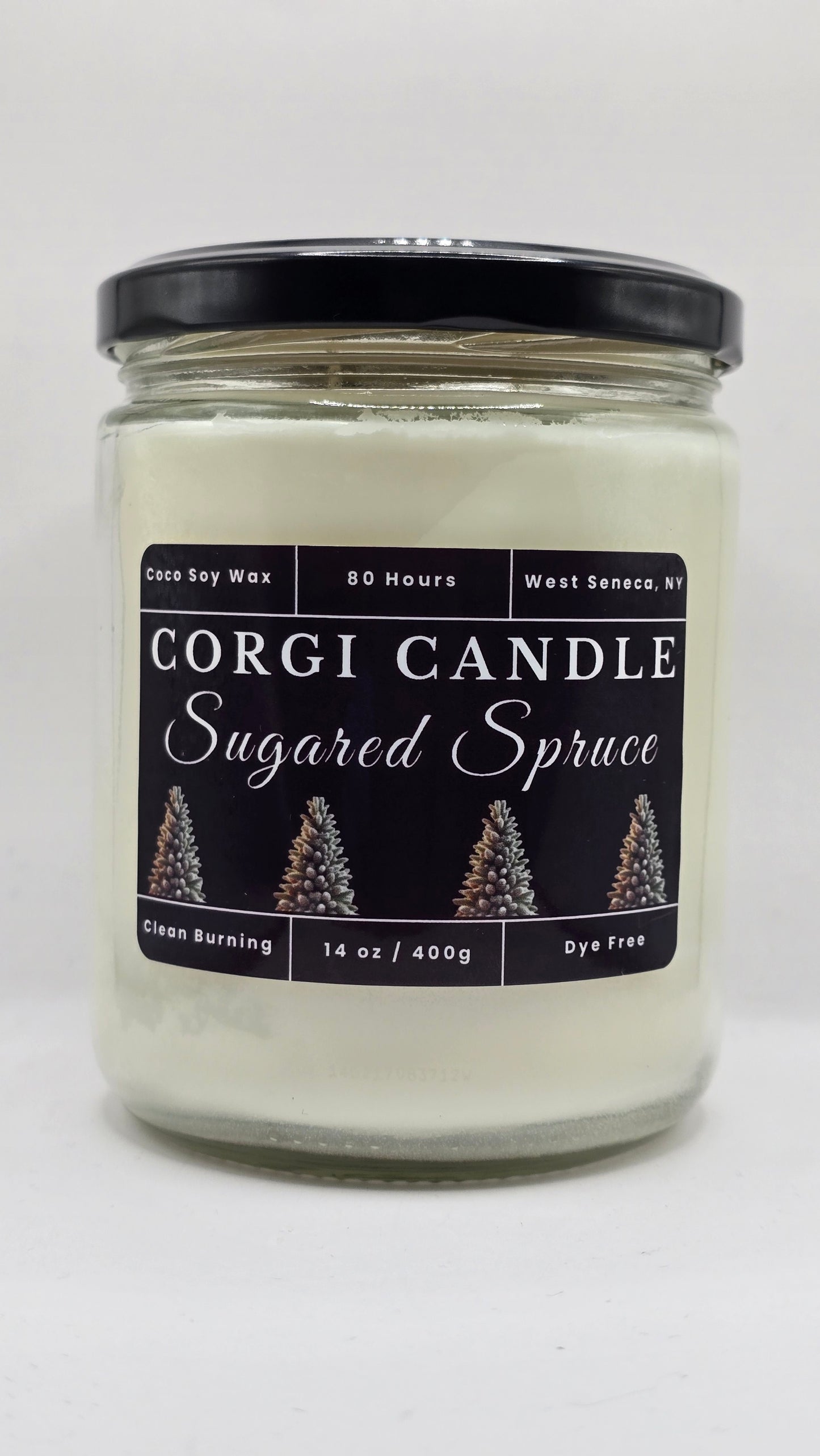 Candle jar labeled 'Sugared Spruce' by Gorgi Candle on a white background