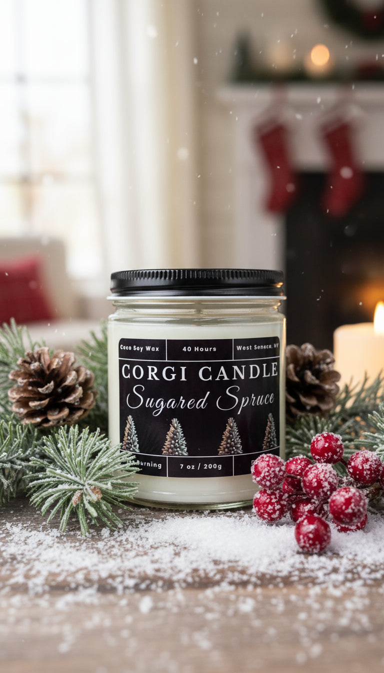 Corgi Candle jar labeled 'Sugared Spice' on a white background