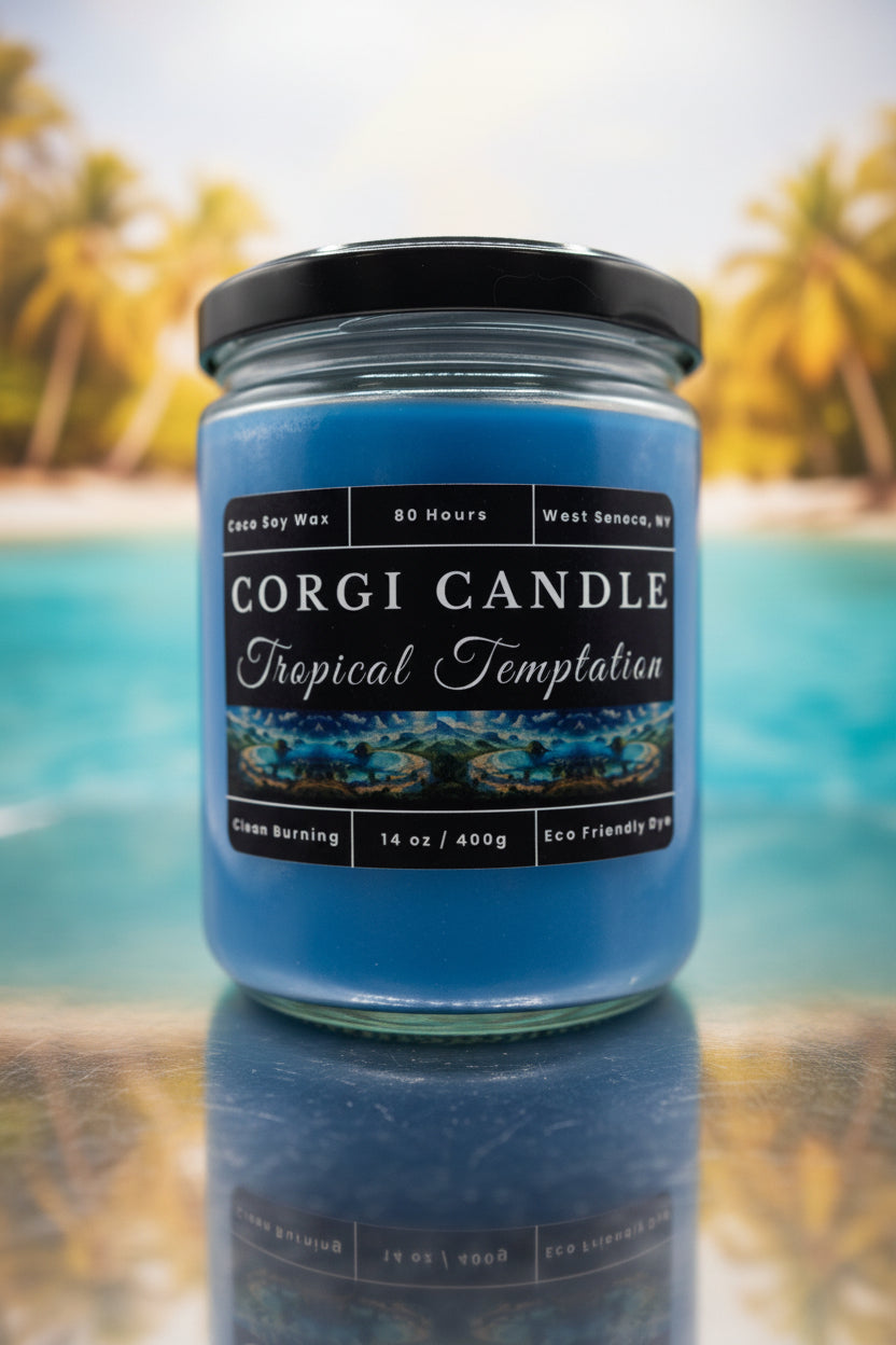 Tropical Temptation 14 oz soy scented candle by CORGI CANDLE in clear glass jar, tropical fragrance candle, eco-friendly candle hand poured in West Seneca New York