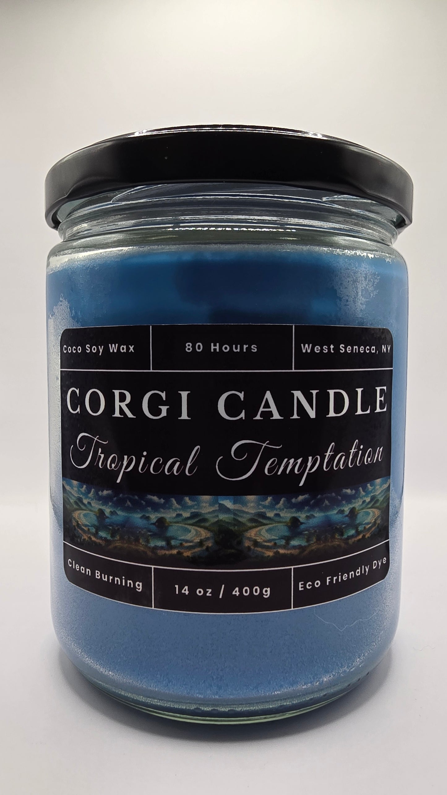 Tropical Temptation 14 oz soy scented candle by CORGI CANDLE in clear glass jar, tropical fragrance candle, eco-friendly candle hand poured in West Seneca New York