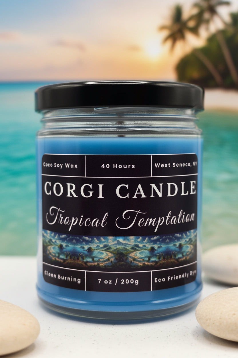 Tropical Temptation 7 oz soy scented candle by CORGI CANDLE in clear glass jar, tropical vanilla caramel and pistachio fragrance, eco-friendly candle hand poured in West Seneca New York