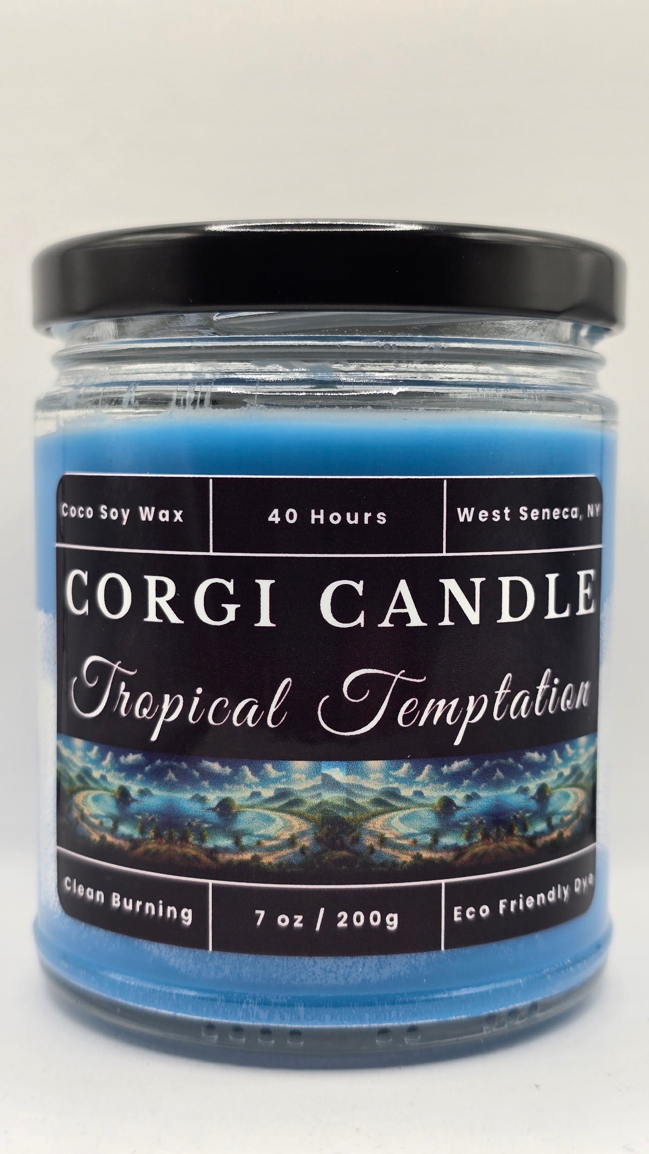 Tropical Temptation 7 oz soy scented candle by CORGI CANDLE in clear glass jar, tropical vanilla caramel and pistachio fragrance, eco-friendly candle hand poured in West Seneca New York