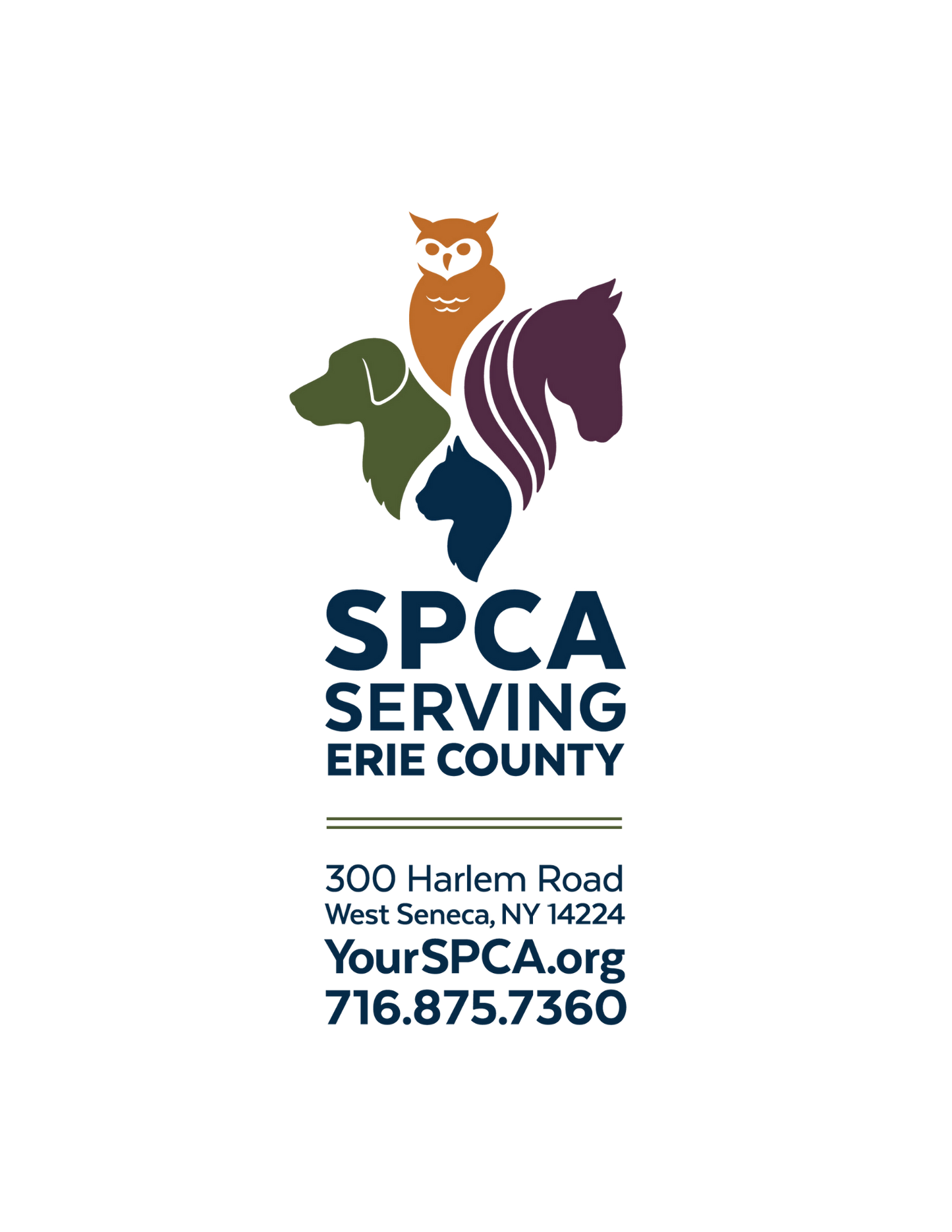 Logo of SPCA Serving Erie County with animals and contact information on a white background