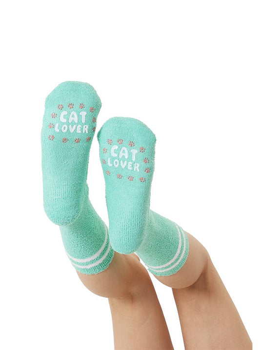 Fuzzy Crew Socks w/ Bottom Grip Phrase - "Cat Lover" - Teal