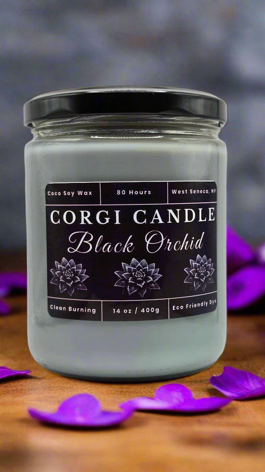 Black Orchid 14 oz soy scented candle made with eco-friendly wax by CORGI CANDLE