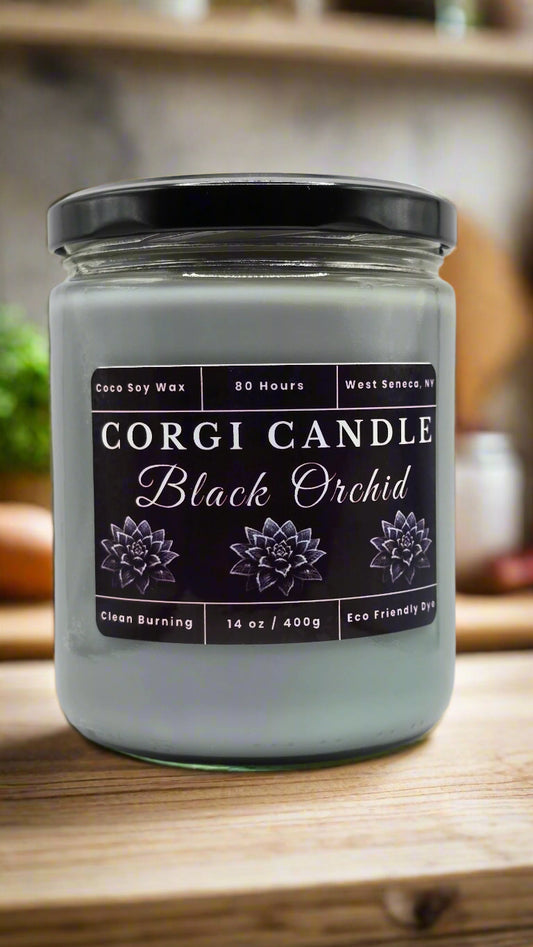 Black Orchid 14 oz soy scented candle made with eco-friendly wax by CORGI CANDLE