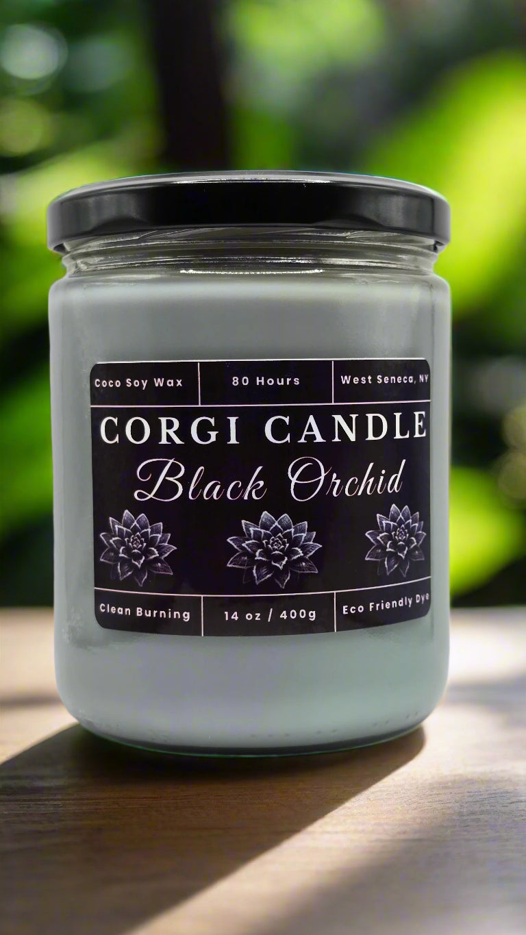 Black Orchid 14 oz soy scented candle made with eco-friendly wax by CORGI CANDLE