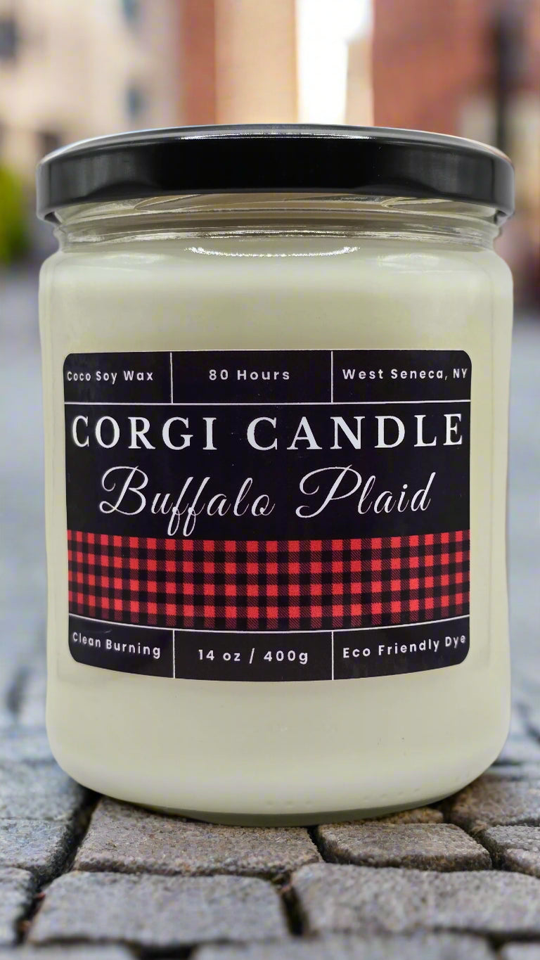 Buffalo Plaid 14 oz soy scented candle made with eco-friendly wax by CORGI CANDLE