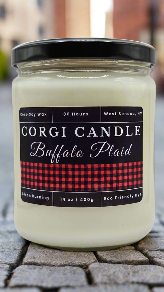 Buffalo Plaid 14 oz soy scented candle made with eco-friendly wax by CORGI CANDLE