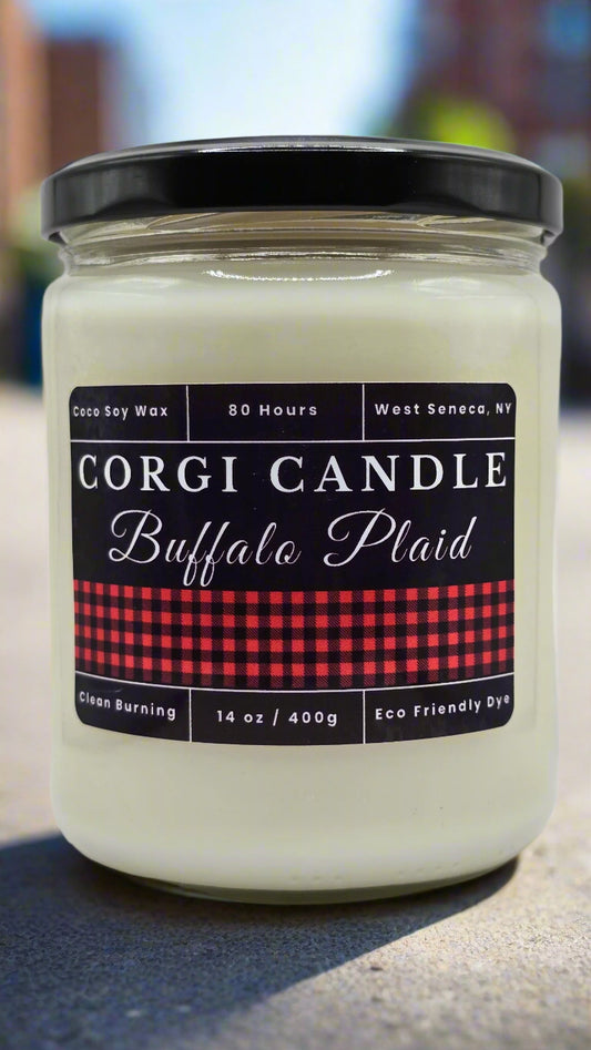 Buffalo Plaid 14 oz soy scented candle made with eco-friendly wax by CORGI CANDLE
