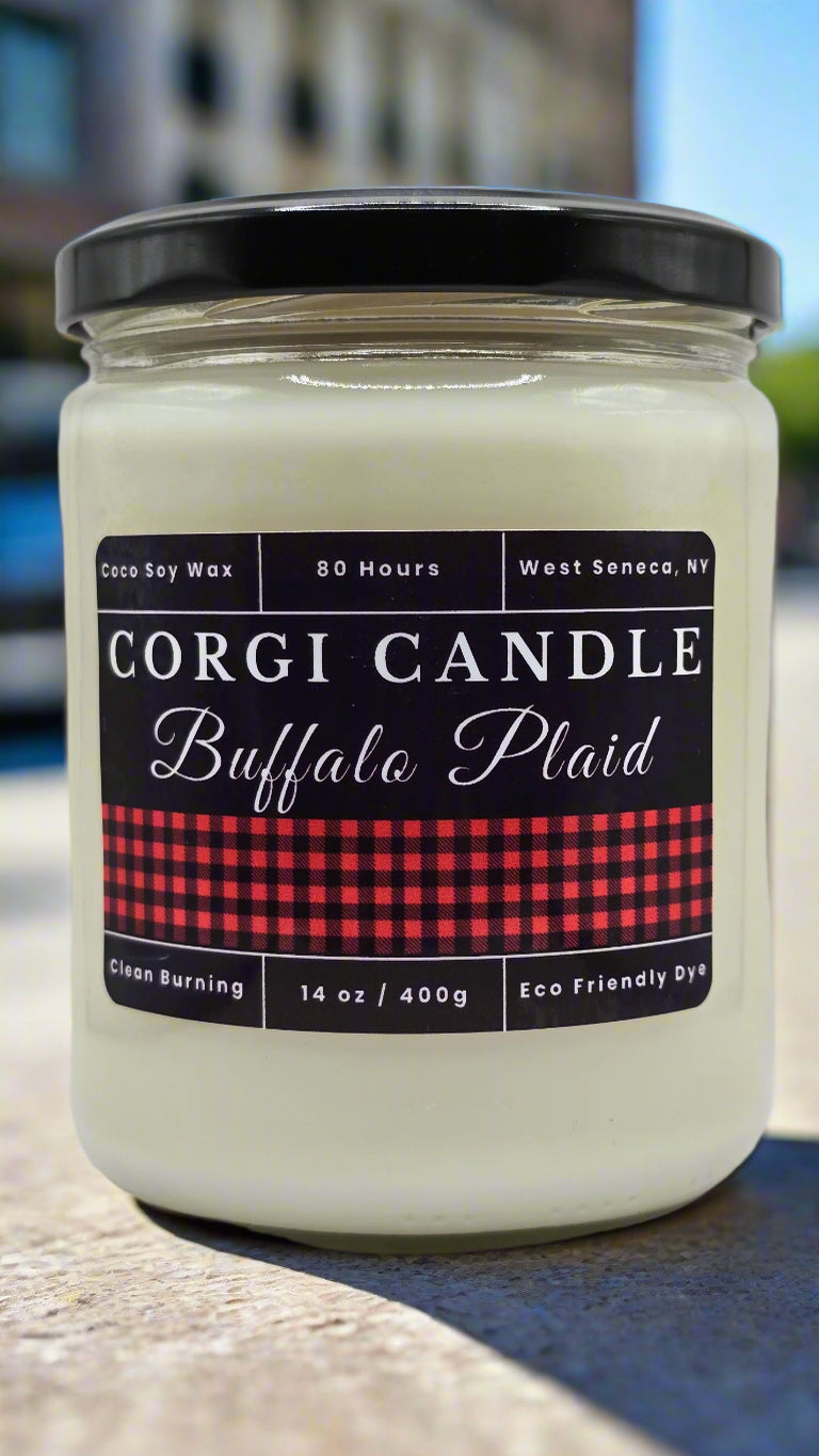 Buffalo Plaid 14 oz soy scented candle made with eco-friendly wax by CORGI CANDLE