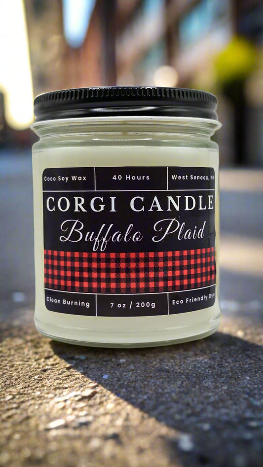 Buffalo Plaid 7 oz soy scented candle made with eco-friendly wax by CORGI CANDLE