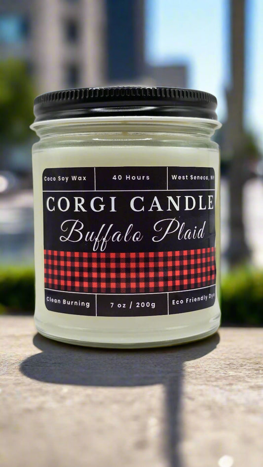 Buffalo Plaid 7 oz soy scented candle made with eco-friendly wax by CORGI CANDLE