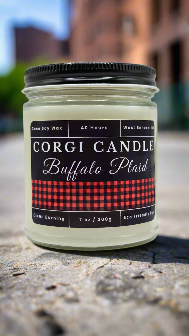 Buffalo Plaid 7 oz soy scented candle made with eco-friendly wax by CORGI CANDLE