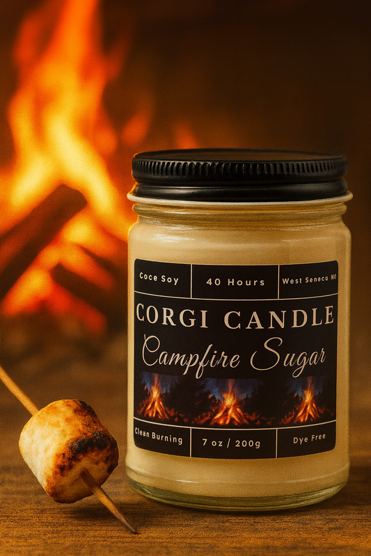 Campfire Sugar 7 oz soy scented candle by CORGI CANDLE, hand-poured with soy and coconut wax for a clean burn and long-lasting fragrance.