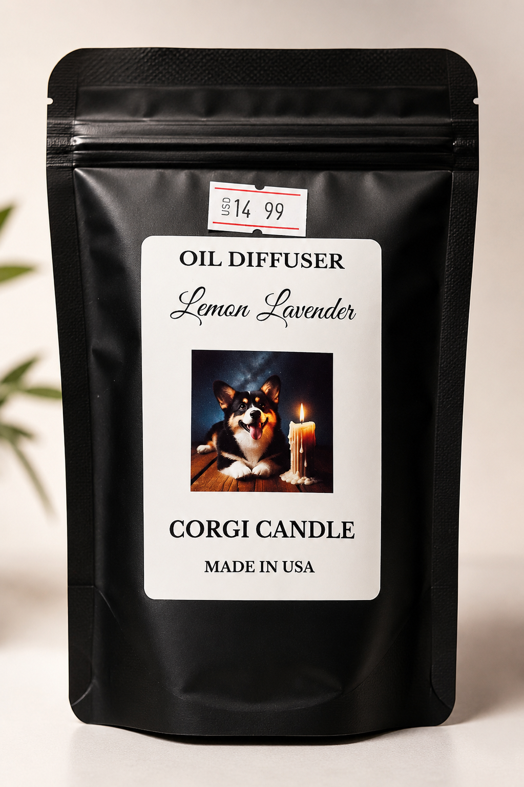 CORGI CANDLE Lemon Lavender oil diffuser package in a matte black resealable pouch with premium fragrance branding.