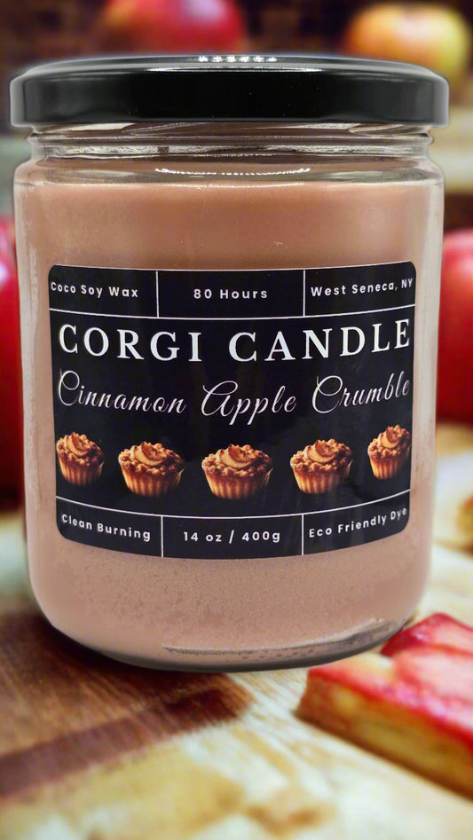 Cinnamon Apple Crumble 14 oz soy candle by CORGI CANDLE in reusable glass jar with warm apple and cinnamon scent