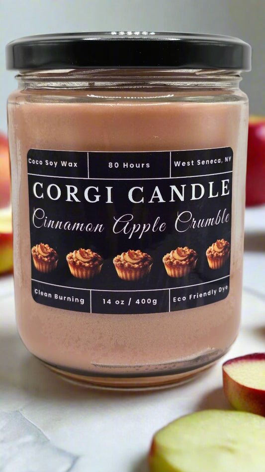 Cinnamon Apple Crumble 14 oz soy candle by CORGI CANDLE in reusable glass jar with warm apple and cinnamon scent