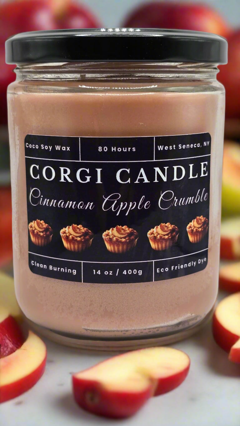 Cinnamon Apple Crumble 14 oz soy candle by CORGI CANDLE in reusable glass jar with warm apple and cinnamon scent