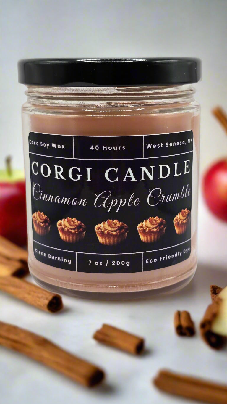 Cinnamon Apple Crumble 7 oz soy candle by CORGI CANDLE with sweet baked apple and cinnamon scent in eco-friendly glass jar
