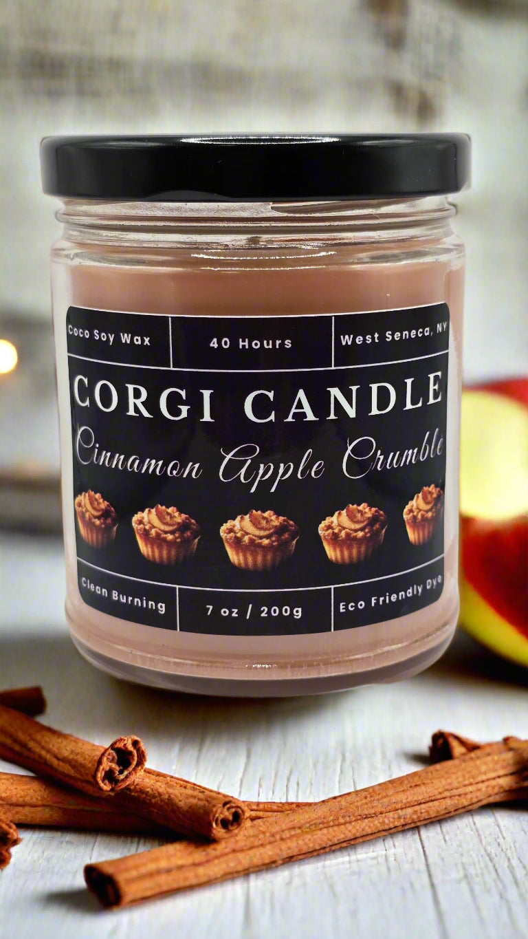 Cinnamon Apple Crumble 7 oz soy candle by CORGI CANDLE with sweet baked apple and cinnamon scent in eco-friendly glass jar