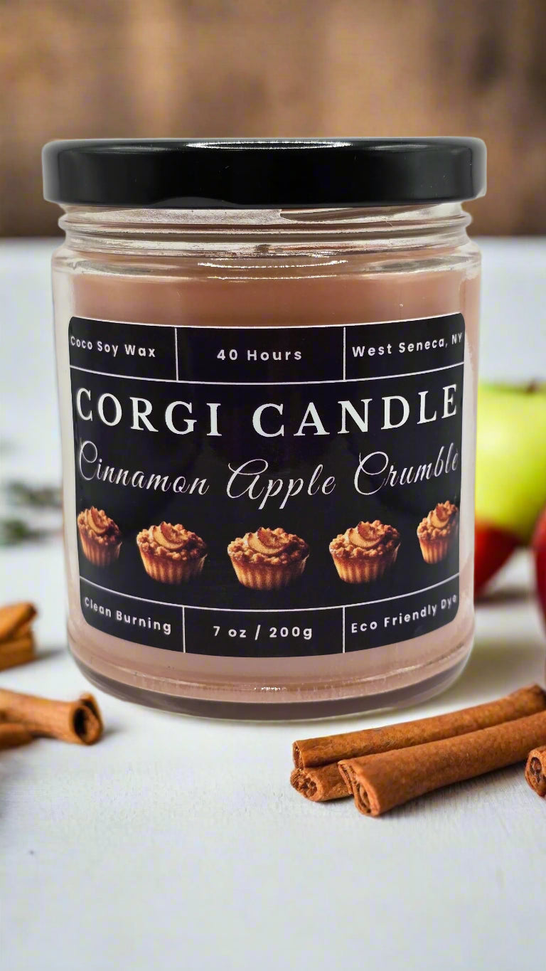 Cinnamon Apple Crumble 7 oz soy candle by CORGI CANDLE with sweet baked apple and cinnamon scent in eco-friendly glass jar

