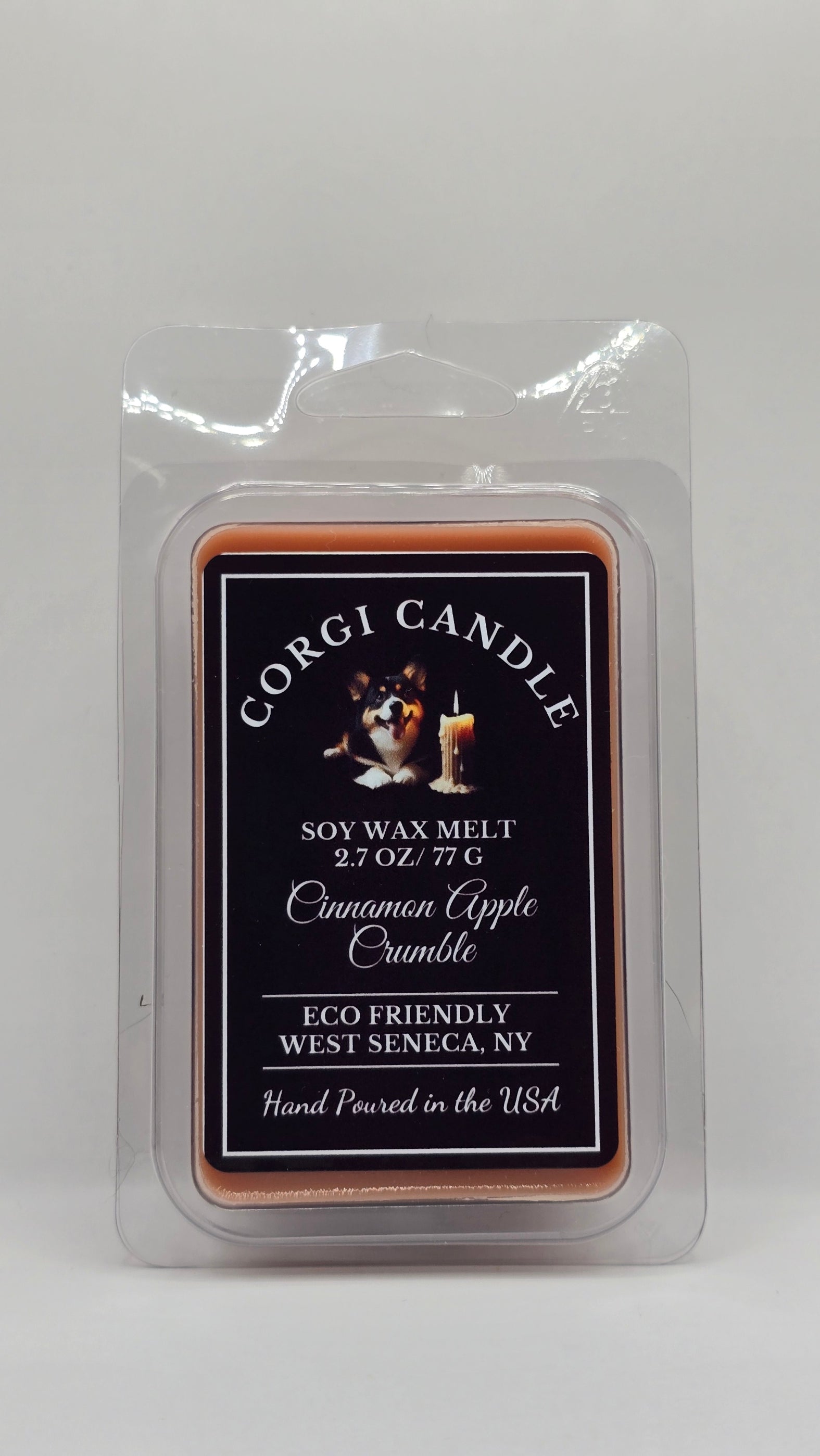 Cinnamon Apple Crumble soy wax melt made with eco-friendly wax by CORGI CANDLE. Front view of package.