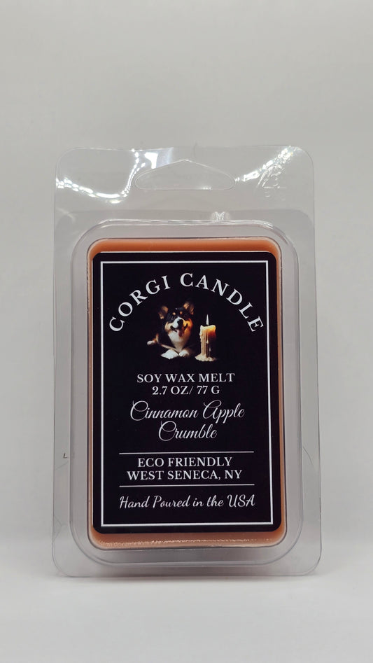 Cinnamon Apple Crumble soy wax melt made with eco-friendly wax by CORGI CANDLE. Front view of package.