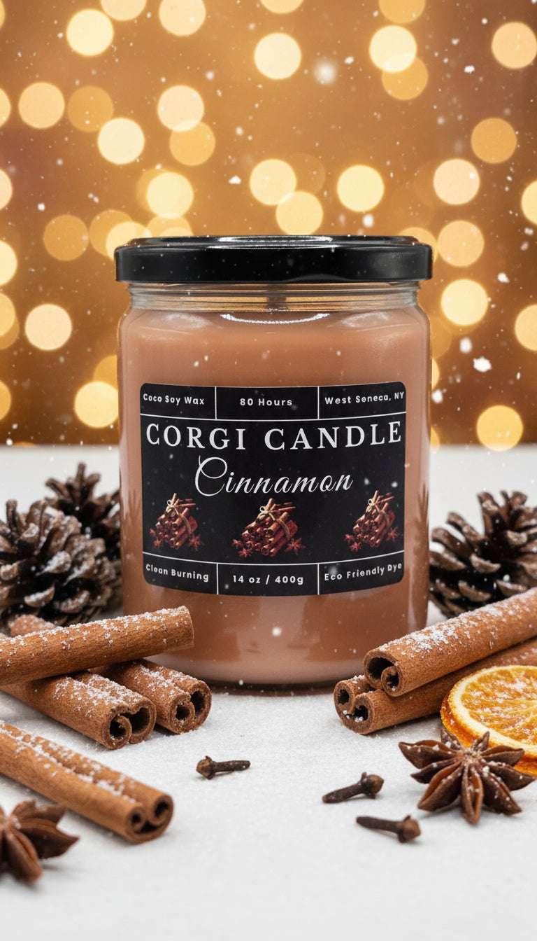 Corgi Candle jar with label on a white background