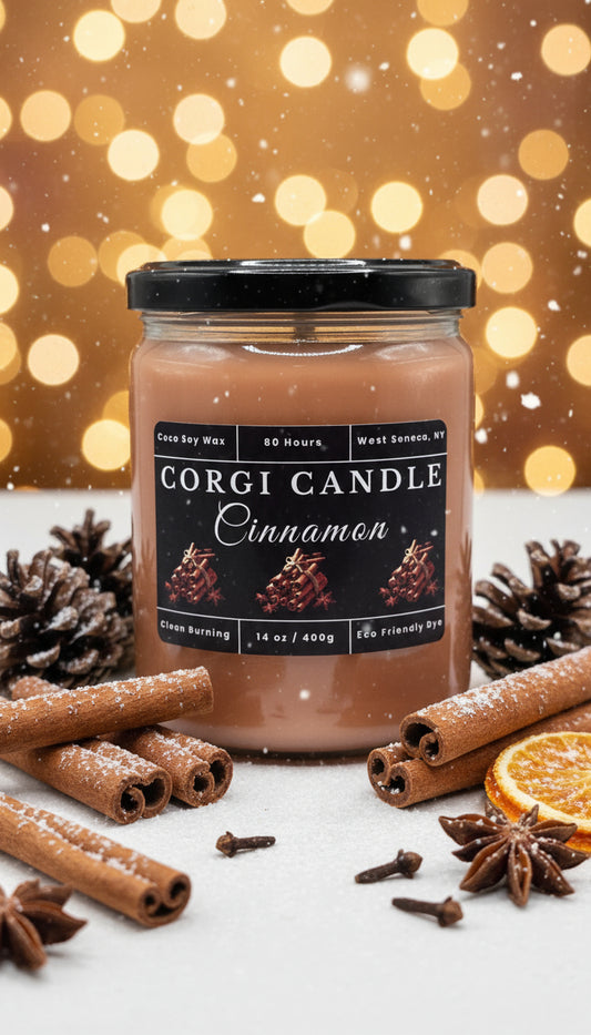 Corgi Candle jar with label on a white background