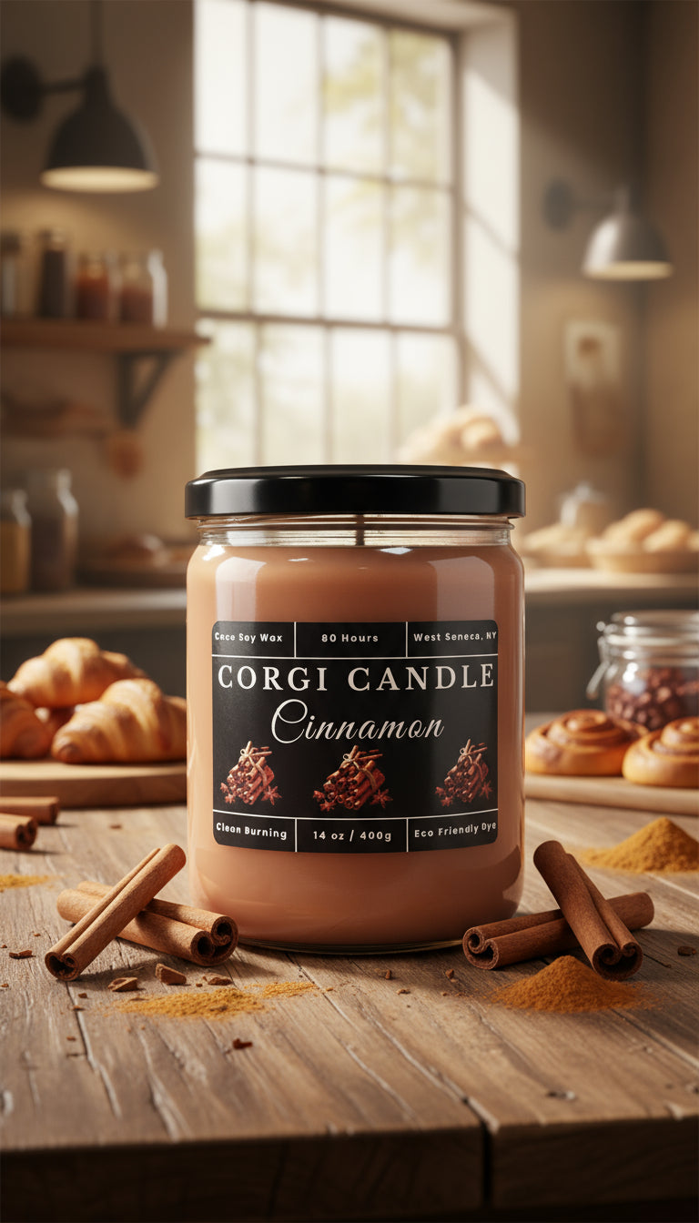 Corgi Candle jar with label on a white background