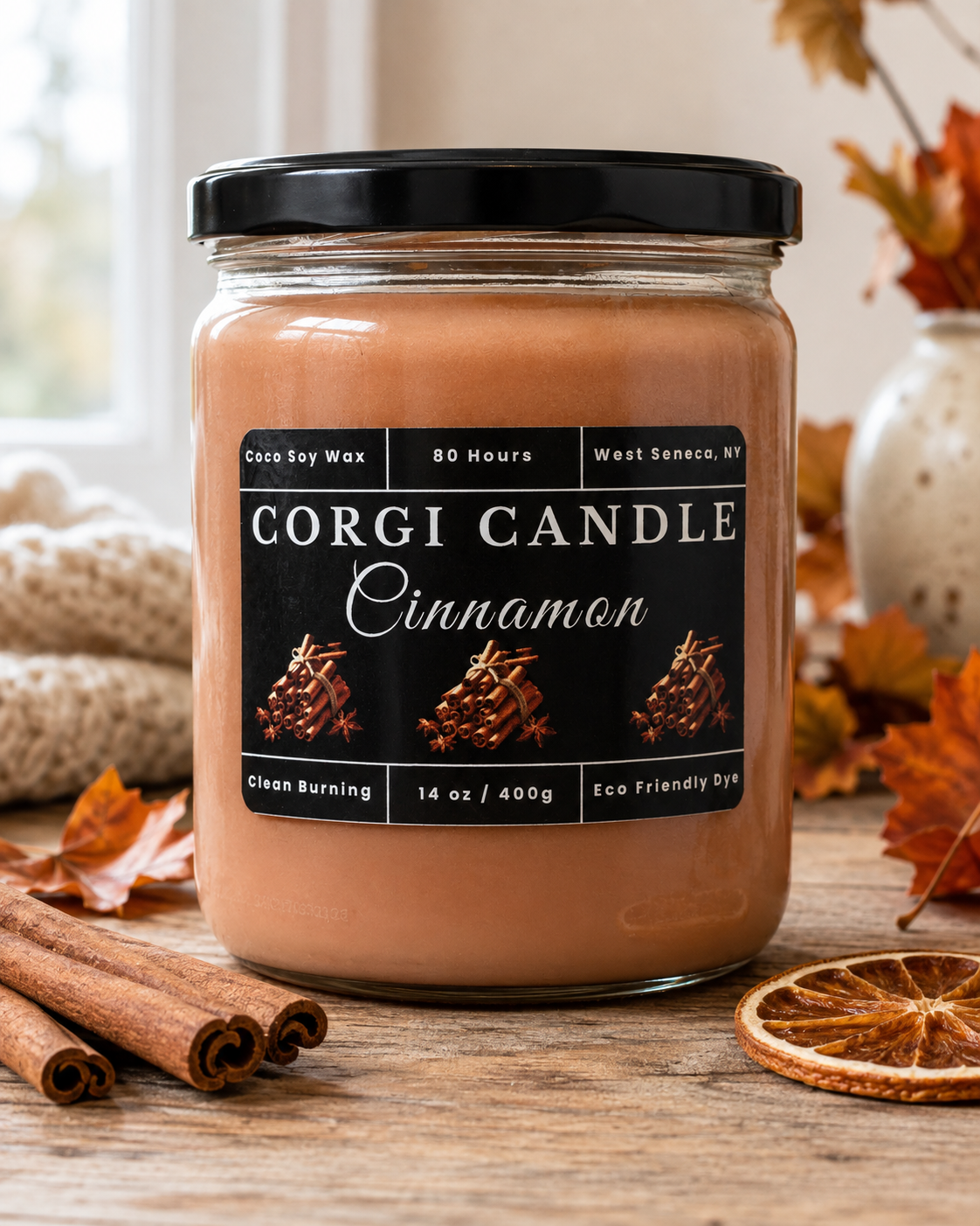 CORGI CANDLE 14 oz Cinnamon soy and coconut wax candle on a rustic wood surface with cinnamon sticks, dried orange and autumn leaves.