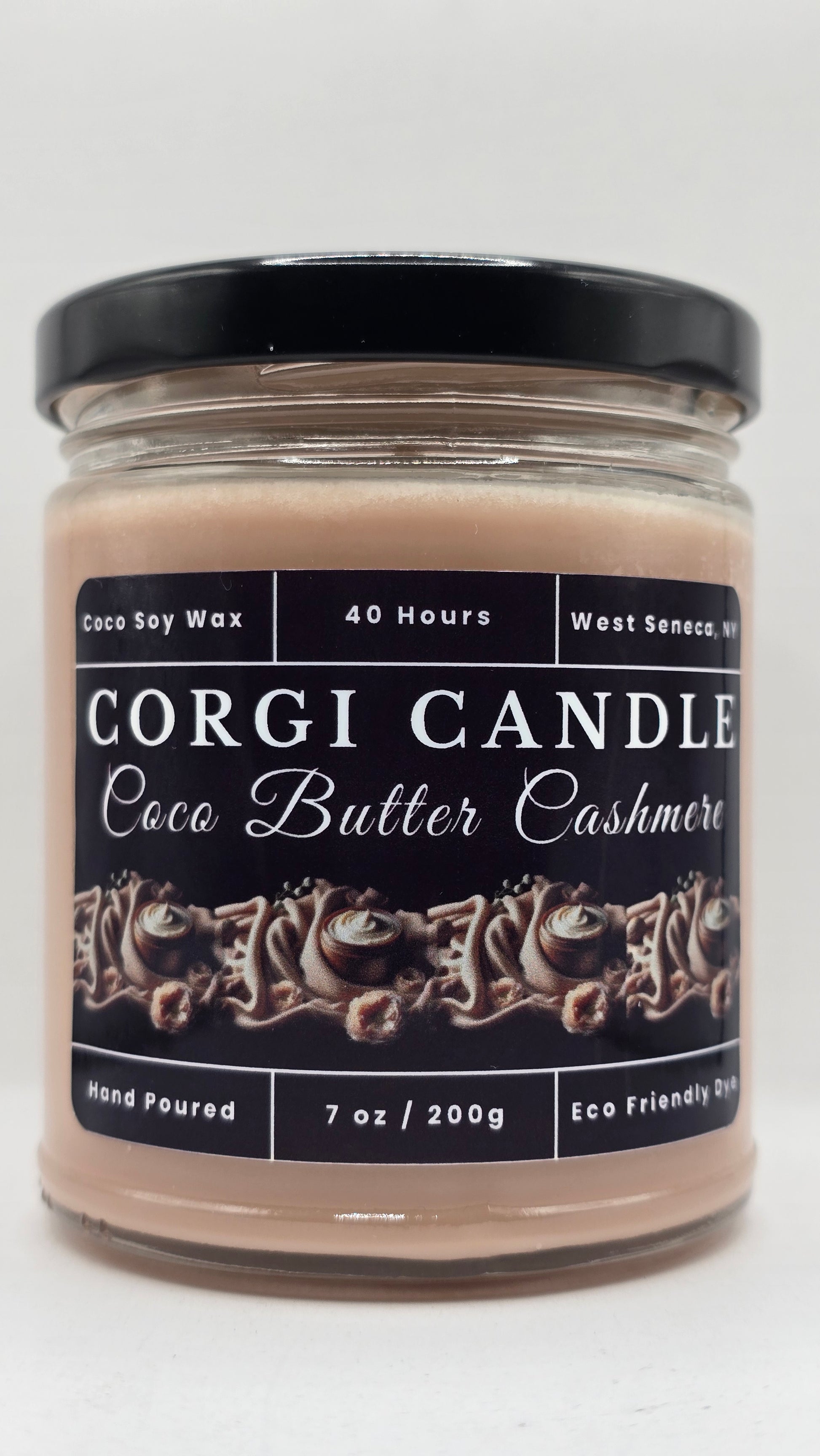 Coco Butter Cashmere 7 oz Soy Scented Candle by CORGI CANDLE in clear glass jar with lid, warm cozy fragrance, eco-friendly hand-poured candle made in West Seneca NY