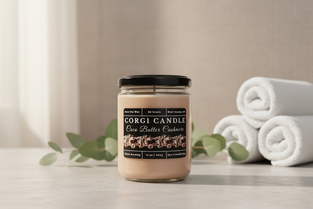 Coco Butter Cashmere 14 oz Soy Scented Candle by CORGI CANDLE in large clear glass jar with lid, warm creamy fragrance, eco-friendly hand-poured candle made in West Seneca NY