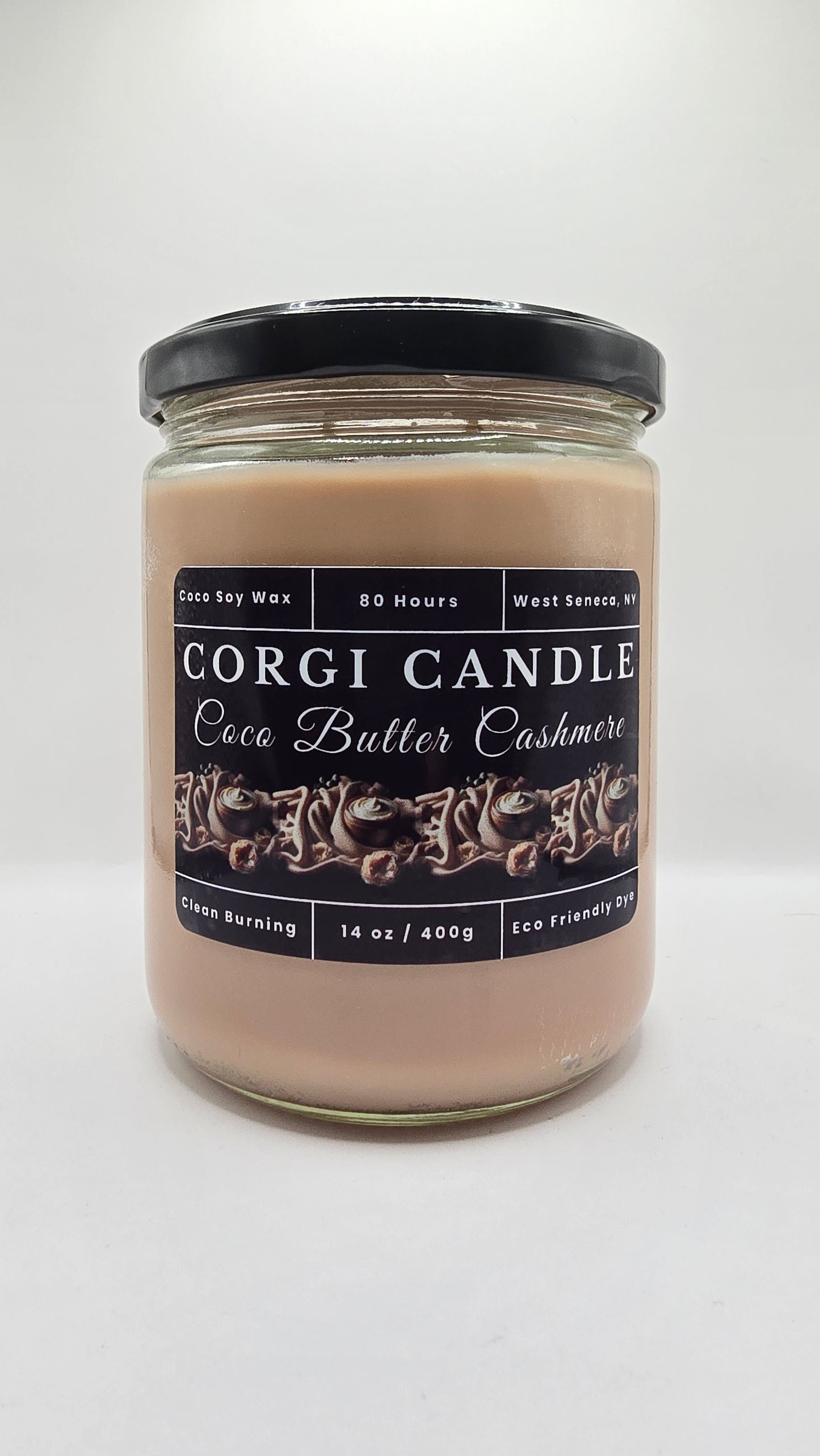 Coco Butter Cashmere 14 oz Soy Scented Candle by CORGI CANDLE in large clear glass jar with lid, warm creamy fragrance, eco-friendly hand-poured candle made in West Seneca NY