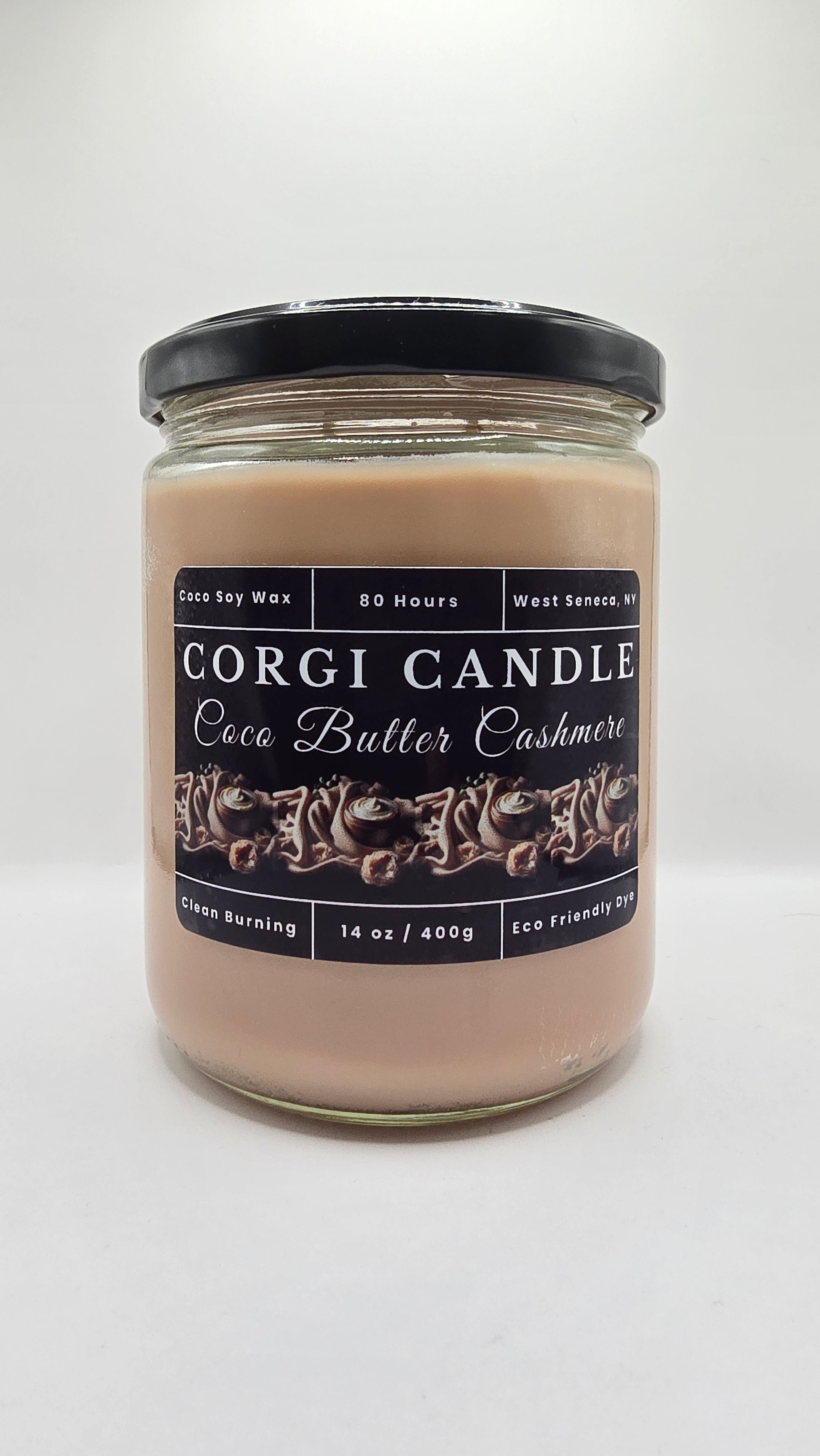 Coco Butter Cashmere 14 oz Soy Scented Candle by CORGI CANDLE in large clear glass jar with lid, warm creamy fragrance, eco-friendly hand-poured candle made in West Seneca NY