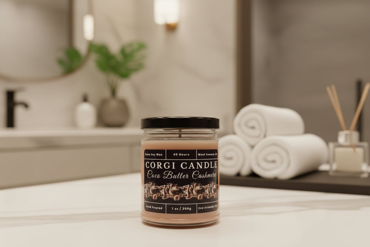 Coco Butter Cashmere 7 oz Soy Scented Candle by CORGI CANDLE in clear glass jar with lid, warm cozy fragrance, eco-friendly hand-poured candle made in West Seneca NY