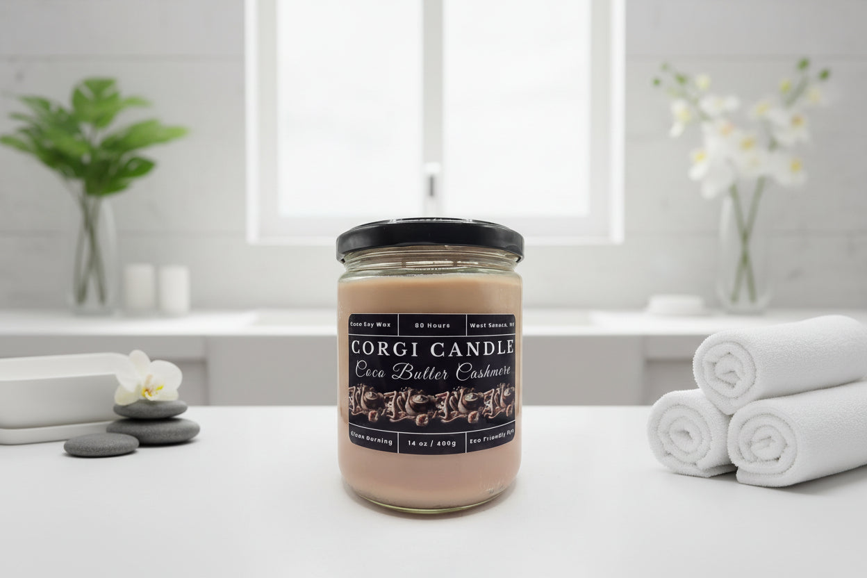 Coco Butter Cashmere 14 oz Soy Scented Candle by CORGI CANDLE in large clear glass jar with lid, warm creamy fragrance, eco-friendly hand-poured candle made in West Seneca NY