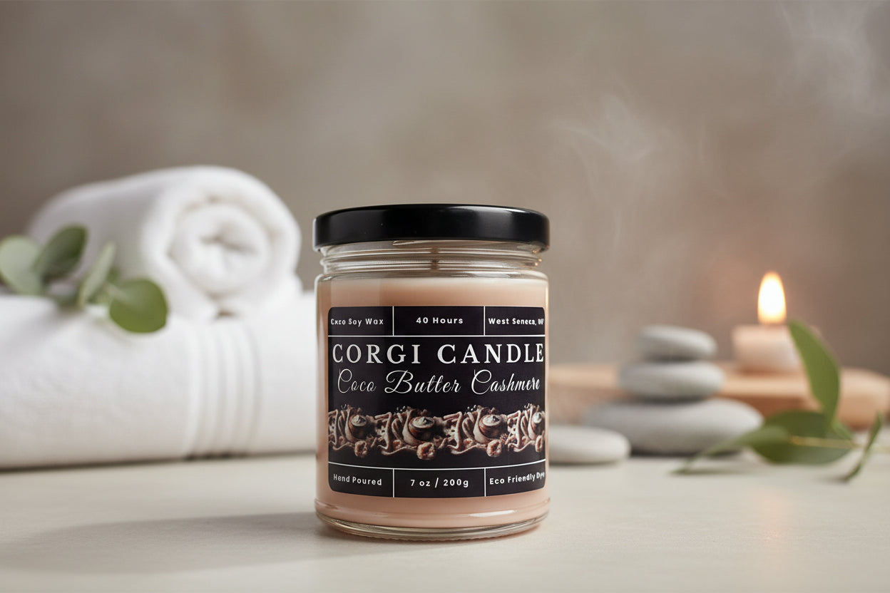 Coco Butter Cashmere 7 oz Soy Scented Candle by CORGI CANDLE in clear glass jar with lid, warm cozy fragrance, eco-friendly hand-poured candle made in West Seneca NY