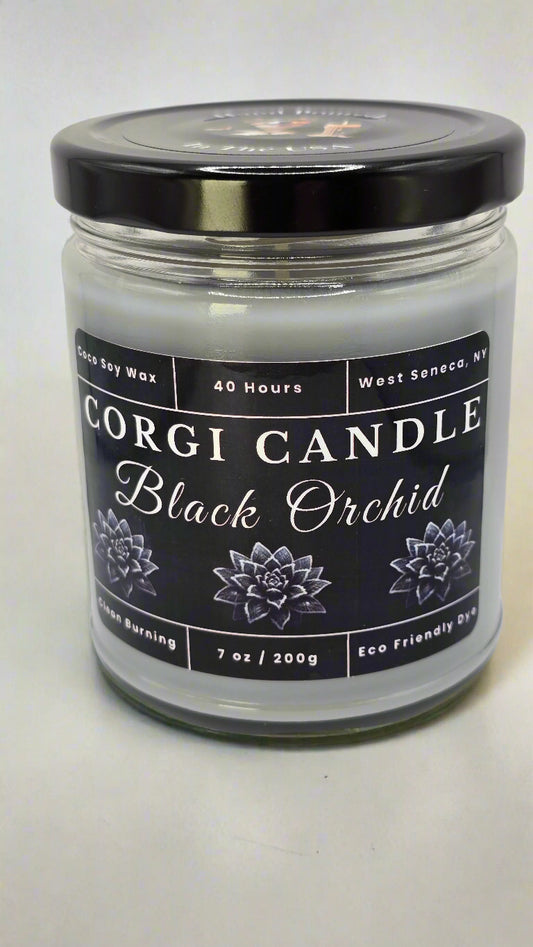 Black Orchid soy candle in a matte black glass jar with a minimalist label featuring a bold floral and woody scent inspired by luxury fragrance, hand-poured by CORGI CANDLE.