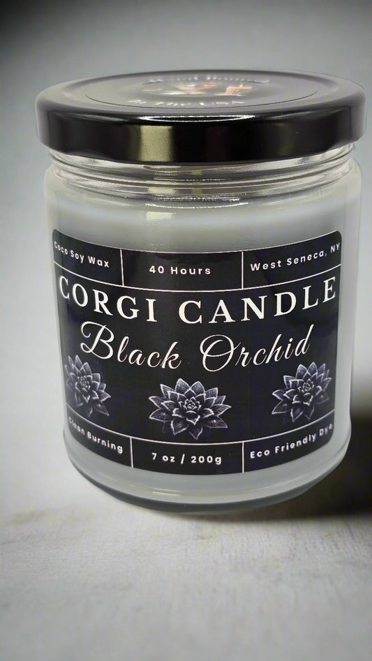 Black Orchid soy candle in a matte black glass jar with a minimalist label featuring a bold floral and woody scent inspired by luxury fragrance, hand-poured by CORGI CANDLE.