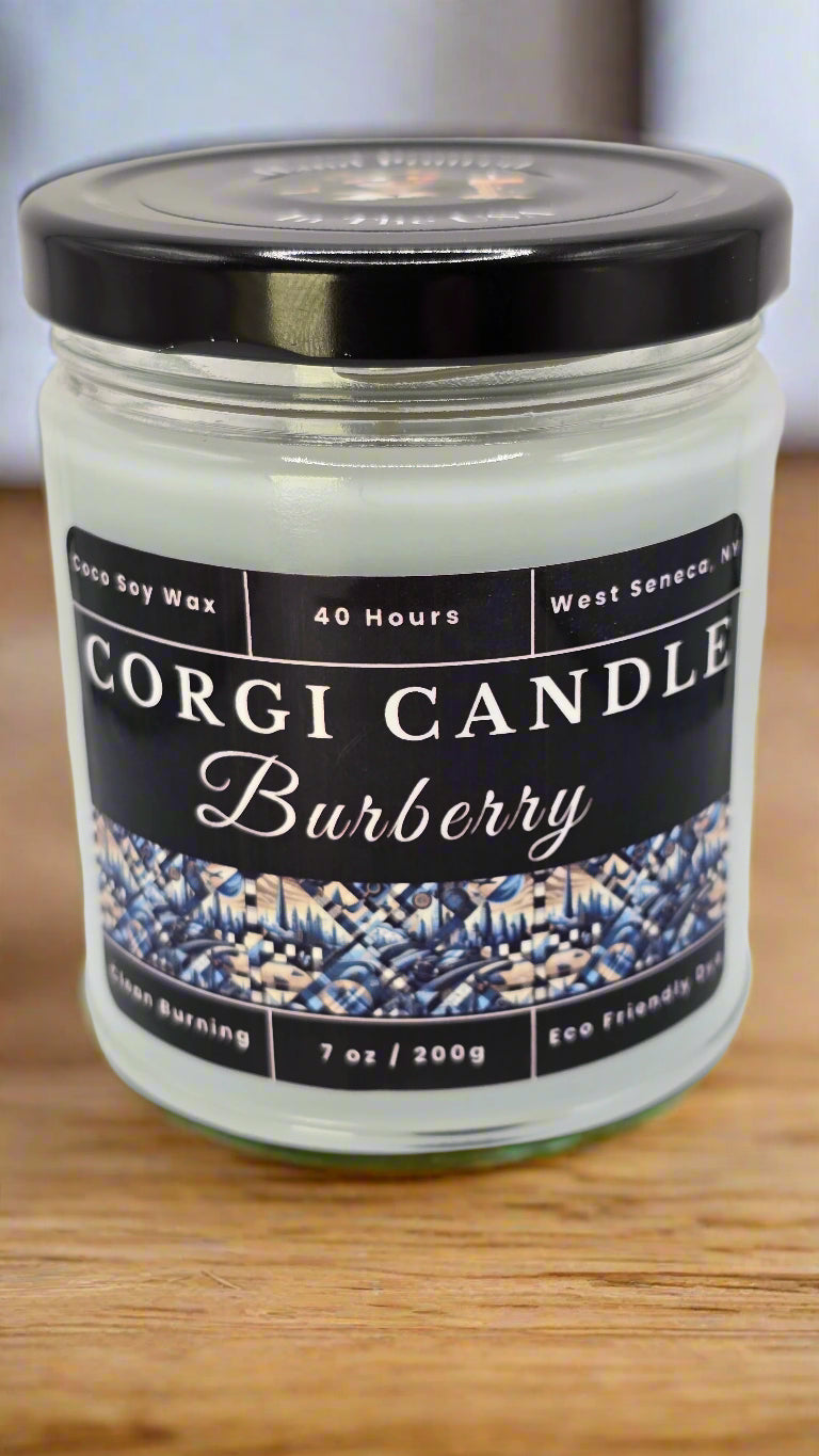 Burberry soy candle in a sleek neutral-toned glass jar with a minimalist label, featuring a clean cologne-inspired scent with mint, cedarwood, and musk, hand-poured by CORGI CANDLE.