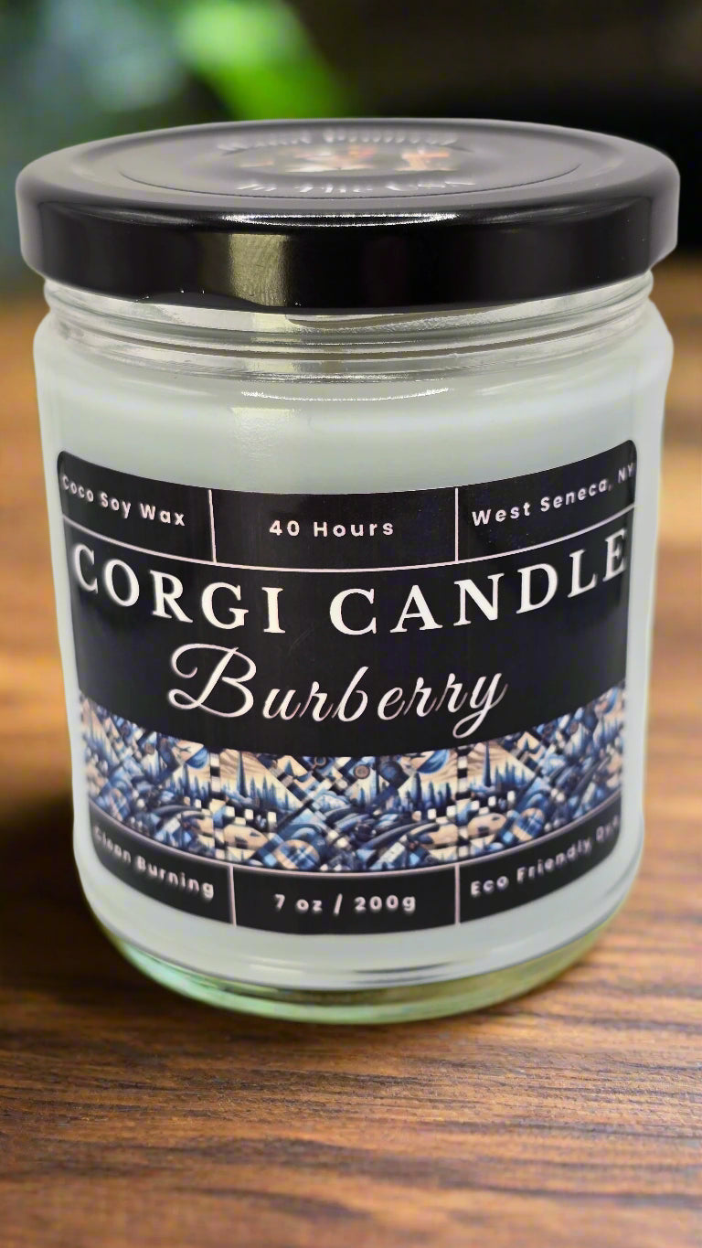 Burberry soy candle in a sleek neutral-toned glass jar with a minimalist label, featuring a clean cologne-inspired scent with mint, cedarwood, and musk, hand-poured by CORGI CANDLE.
