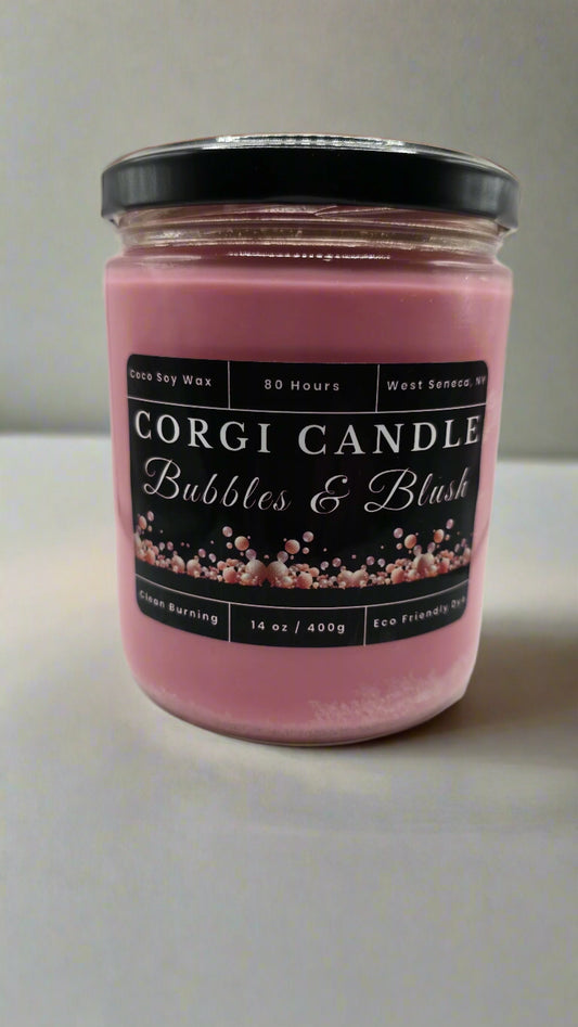 Bubbles & Blush 14 oz soy candle in a clear glass jar with a soft pink label, hand-poured by CORGI CANDLE