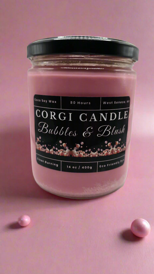 Bubbles & Blush 14 oz soy candle in a clear glass jar with a soft pink label, hand-poured by CORGI CANDLE