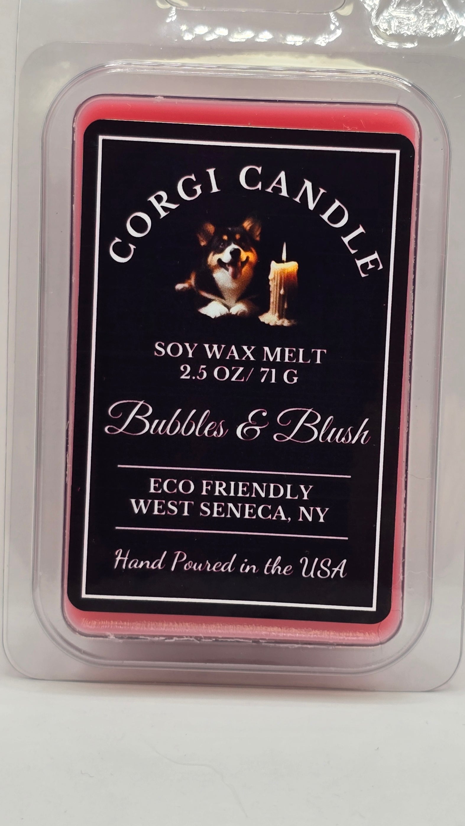 Front product view of Bubbles & Blush Wax Melts by CORGI CANDLE in standard clamshell packaging