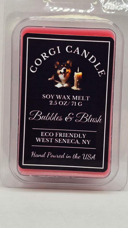 Front product view of Bubbles & Blush Wax Melts by CORGI CANDLE in standard clamshell packaging