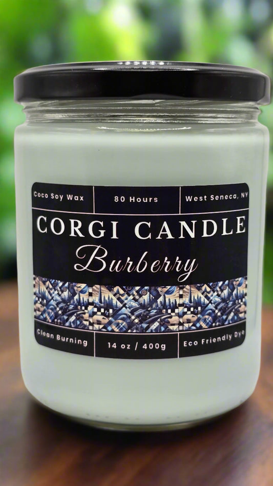 Burberry 14 oz soy candle in a matte black glass jar with a minimal label, inspired by classic men’s cologne, hand-poured by CORGI CANDLE