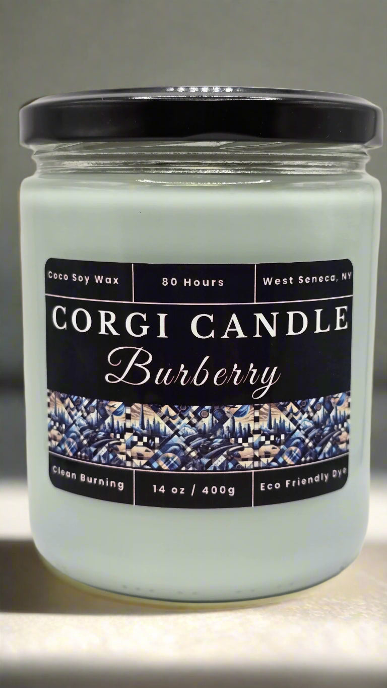 Burberry 14 oz soy candle in a matte black glass jar with a minimal label, inspired by classic men’s cologne, hand-poured by CORGI CANDLE